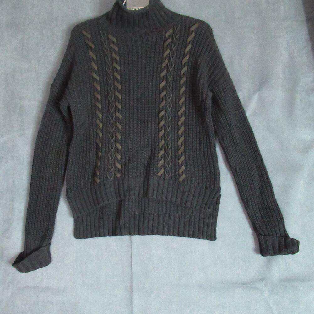 Express Sweater Womens Small Black Knit Ribbon Moto Long Sleeve Goth Grunge Punk